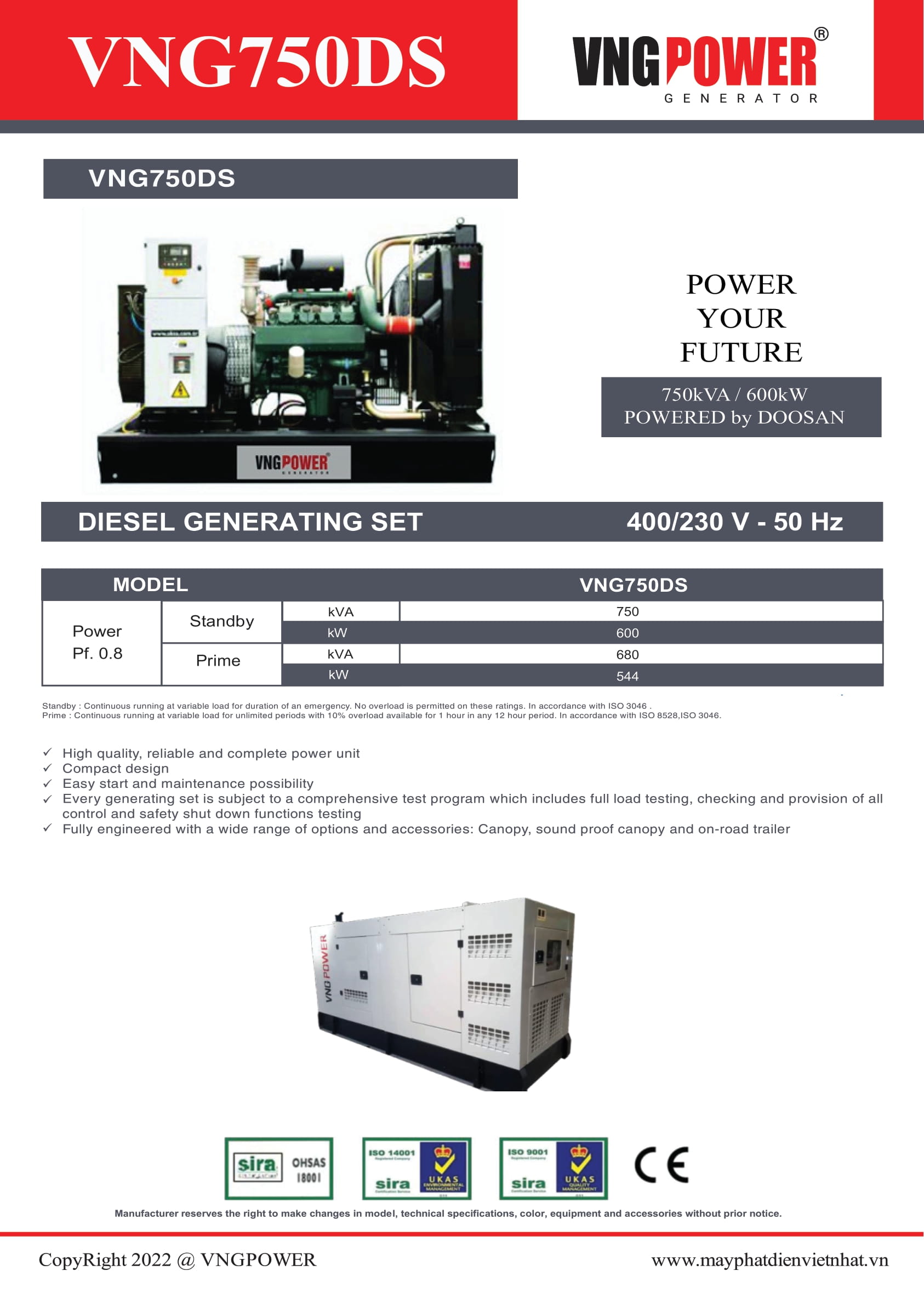 XEM CHI TIẾT CATALOGUE MÁY PHÁT ĐIỆN DOOSAN 750KVA – VNG750DS