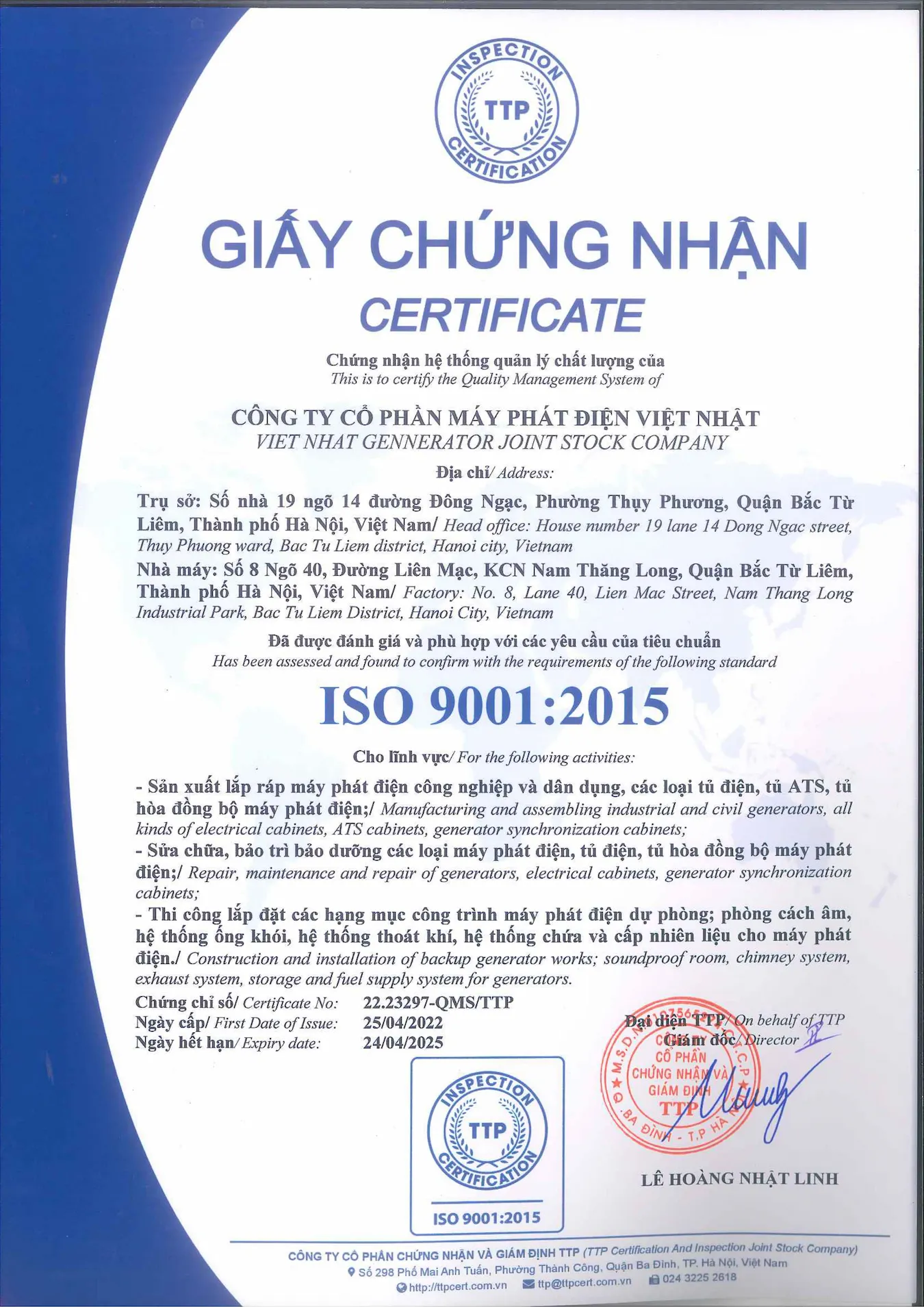 VNGPOWER ĐẠT CHỨNG NHẬN CHẤT LƯỢNG ISO 9001 2015