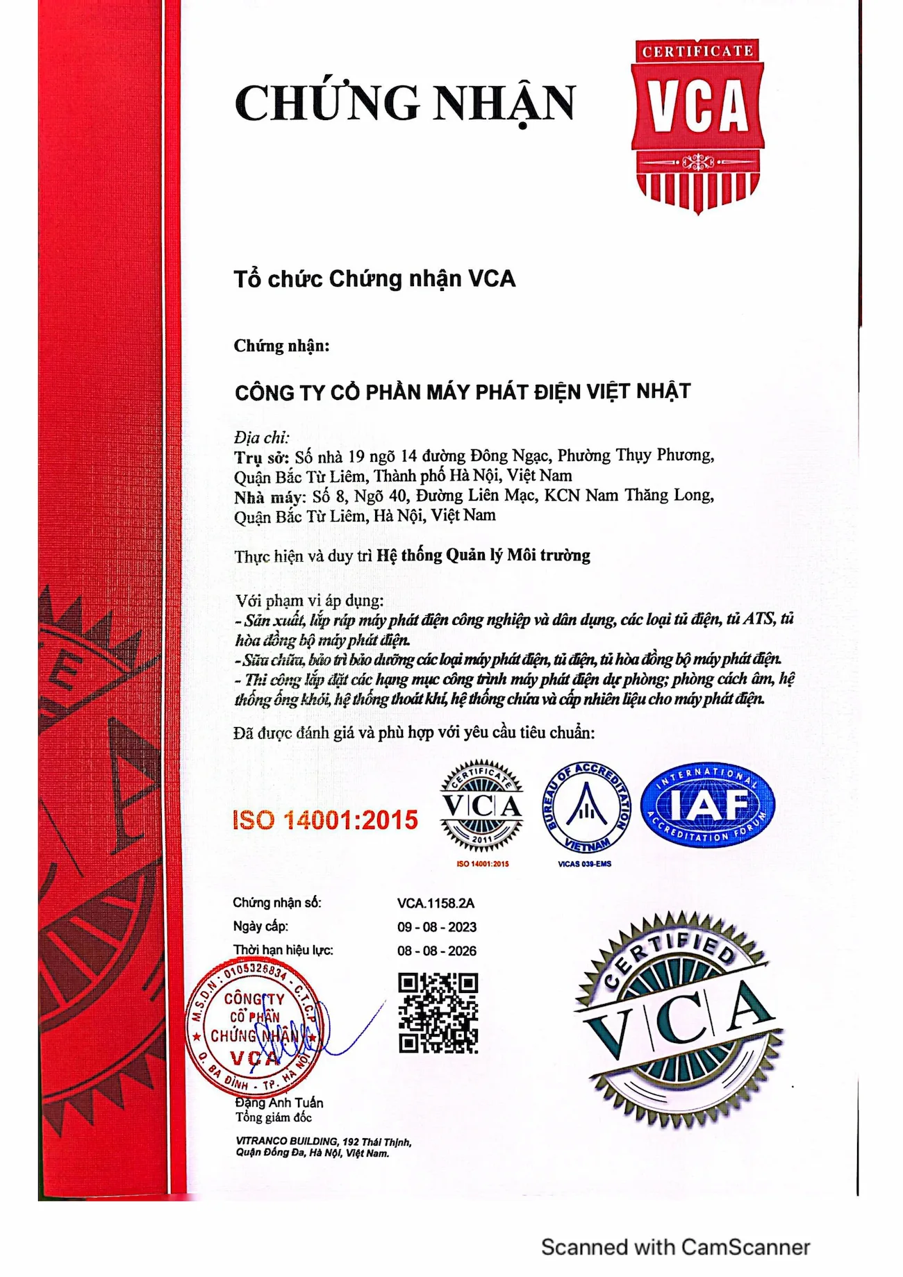 VNGPOWER ĐẠT CHỨNG NHẬN ISO 14001 - 2015 - VCA.1158.2A- VNG